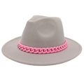 Detail of grey wool fedora hat featuring a stylish vibrant pink acrylic chain accessory - Light Gray