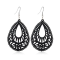 Detail of black hollow teardrop wooden earrings with silver fishhook ear wires - Style 12 (Simple Teardrop)