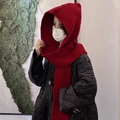 Winter knitted bear ears hood scarf in vibrant red with thick thermal plush material - Balaclava Scarf Hat-Wine Red