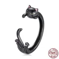 S925 sterling silver black cat open ring with green eyes and pink paw detail - Adjustable Open / Black Cat Style (BSR217)
