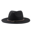 Classic black wide brim straw fedora with brown beaded band and vintage metal buckle - Black