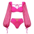 Neonpinker langärmeliger Badeanzug mit Mesh-Einsätzen und Häkeldetails im Set - S / Zweiteiliger Bikini / Rosenrosa