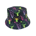 Cappello da pescatore reversibile con funghi neon e stelle su tela nera in stile street - Stile 3 (Funghi Neon)