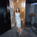 Elegant white satin slip dress with lace trim hem and deep V-neck for women - S / Light Blue