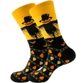 Halloween mid-calf socks featuring orange pumpkin scarecrow and black bat patterns - Pumpkin Scarecrow