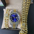 Men's luxury iced out watch set with blue dial and two-tone crystal cuban bracelets - Blue Watch + Gold Bracelet and Necklace