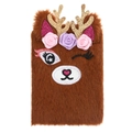 Detail of plush brown reindeer notebook with gold glitter antlers and floral accents - Brown Deer