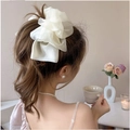 Elegant white large organza scrunchie for women tied on a high ponytail style - Beige Organza Bow