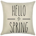 Square beige linen pillow cover with Hello Spring floral typography on white background - 18x18 Inch / Hello Spring Minimalist Design (LYD442-2)