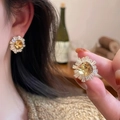 Elegant gold flower stud earrings with amber center stone and zircon petals - Silver Earring Post-Gold-Coffee