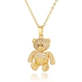 Golden necklace featuring a cute bear pendant fully inlaid with white cubic zirconia crystals - D936 Overalls Bear