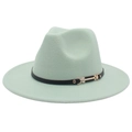 Détail du chapeau fedora en laine vert menthe avec bande en cuir noir et boucle dorée - M(56-58cm) / Vert Menthe (Double Bande)