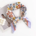 Floral print satin neck scarf in lavender and orange, elegant square silk-like neckerchief - 70x70cm / Pale Purple Pink Floral