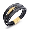 Bracciale multistrato da uomo in pelle nera intrecciata con piuma dorata e chiusura magnetica - Oro