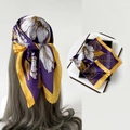 African style purple and yellow satin floral square scarf worn as a headwrap and folded in box - L7343-Yellow Edge