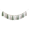 Bohemian wall hanging with forest green and beige cotton tassels and natural wood beads - Green White 15 Tassels 200cm