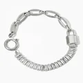 Detail of stainless steel chain bracelet featuring a padlock charm and zircon stones - Padlock Patchwork Rectangular Zirconia Style (A767) / Silver