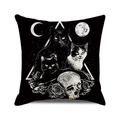 Gothic Halloween pillowcase with cats, skull, roses, and moon phases on black fabric - Gothic Cats and Roses