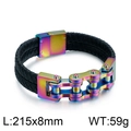 Men's black braided leather bracelet with rainbow gradient bicycle chain metal buckle - Style A Rainbow (KB82291-BD)