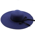 Wide-brimmed navy blue summer straw hat with black ribbon bow and woven texture - M (56-58cm) / Navy Blue