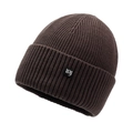 Bonnet en maille côtelée marron foncé avec revers et broderie ny gothique blanche - Taille unique / Café