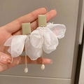 Sage green mesh flower drop earrings with pearls for elegant vacation style - Green Bow