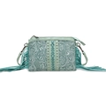 Bohemian mint green crossbody bag featuring floral embossing and long side tassels - Malachite green