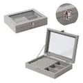 Gray velvet jewelry box with glass window and metal clasp for rings and earrings - 3 Grids / Gray