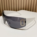 Y2K rimless shield sunglasses featuring white frames and dark grey lenses for women - White Temples Gray Lens