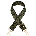 Detail of adjustable leopard print bag strap with polished gold-tone metal snap hooks - Green Leopard