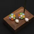 Elegant five-color petal pearl drop earrings with baroque waterdrop pearls and gold finish - Colorful Flower Pearl Dangle