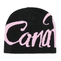 Detail of black and pink knitted beanie showing high-quality jacquard lettering texture - M (56-58cm) / Black Pink