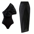 Detail of black one-shoulder swimsuit with bow and sheer pleated sarong skirt - S / One-Shoulder Bow Set