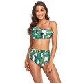 Pink one-shoulder bikini set with green tropical palm leaf print and ruffle details - S / Pink Tropical Print