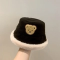 Plush black winter bucket hat for babies featuring a cream fleece brim and bear embroidery - 46-52cm / Black