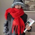 Thick red mohair scarf with tassels for winter, soft knit checkered design for women - Mohair Solid - Bright Red