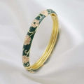 Bracciale rigido smaltato verde scuro retrò con fiori rosa e finitura dorata - Verde Scuro