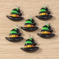 Detail view of 6 black wizard hat pendants with green and orange stripes for DIY jewelry - Witch Hat