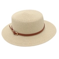 Detail of flat top straw sun hat featuring a brown leather belt with golden buckle - One Size / Off White