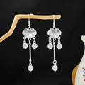 Silver ethnic long earrings with Ruyi lock and frosted ball drop on wooden branch - Silver Ruyi Lock Ball(E4509)