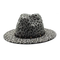Detail view of grey leopard print fedora hat with black studded band and wide brim - M (56-58cm) / Gray