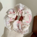 Cream scrunchie with cute rabbit prints and double-layered white lace decorative edges - White Cat Lace Trim