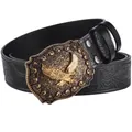 Detail of 3.8cm black leather belt featuring eagle buckle and floral embossing - Black Gold Buckle (Eagle)