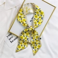 Narrow silk scarf for hair with yellow floral pattern and artistic free lettering - 7*100cm / Wintersweet