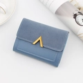 Minimalist light blue trifold wallet in matte leather with golden V-shaped metal buckle - Blue