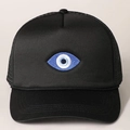 Adjustable black trucker hat with blue evil eye embroidery and breathable mesh - Black