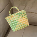 Handwoven basket bag in yellow, green, and white stripes with sturdy handles - Small (No Bow) / Yellow-Green