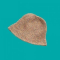 Handmade beige crochet bucket hat featuring colorful polka dots on a blue background - One Size / Candy Hat Coffee
