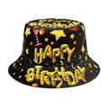 Zwarte vissershoed met gele Happy Birthday print en feestmotieven op wit - M (56-58cm) / Happy Birthday Letterprint (M1728)