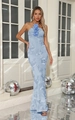 Abito lungo azzurro con scollo all'americana, decori floreali 3D e ricami in pizzo - L / Celeste